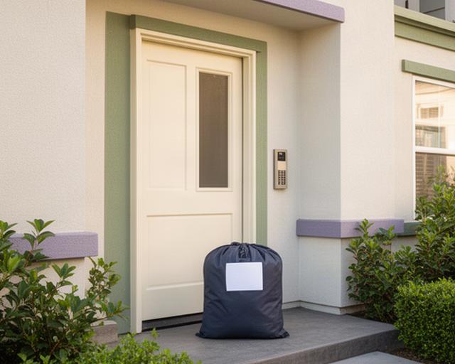 Santa Ana apartment building entrance with a neatly labelled laundry bag ready for doorstep pickup