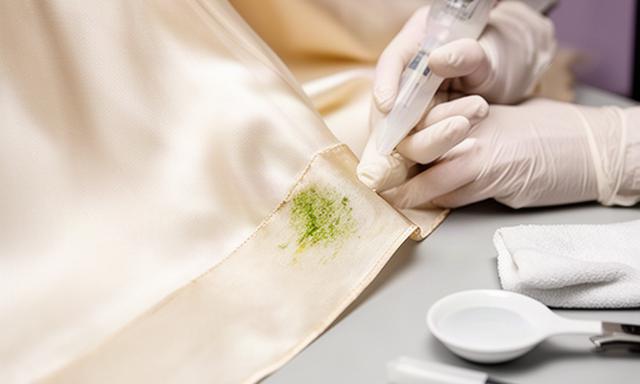 Close view of a silk wedding gown hem being treated for a grass stain in a garment care studio