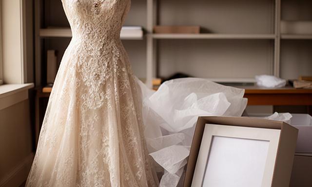 Vintage lace wedding gown displayed after restoration with archival tissue and preservation box nearby